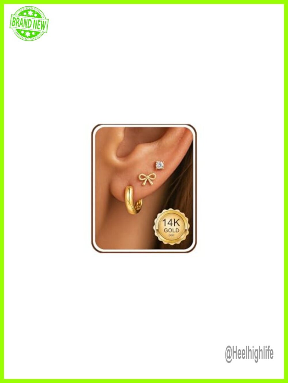 3 Pairs 925 Sterling Silver 14K Gold Plated Bow CZ Stud Huggie Hoop Earring Set